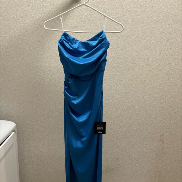 Lulus Elegant Status Bright Blue Knit Strapless Tulip Midi Dress - Size XS - Picture 5 of 5